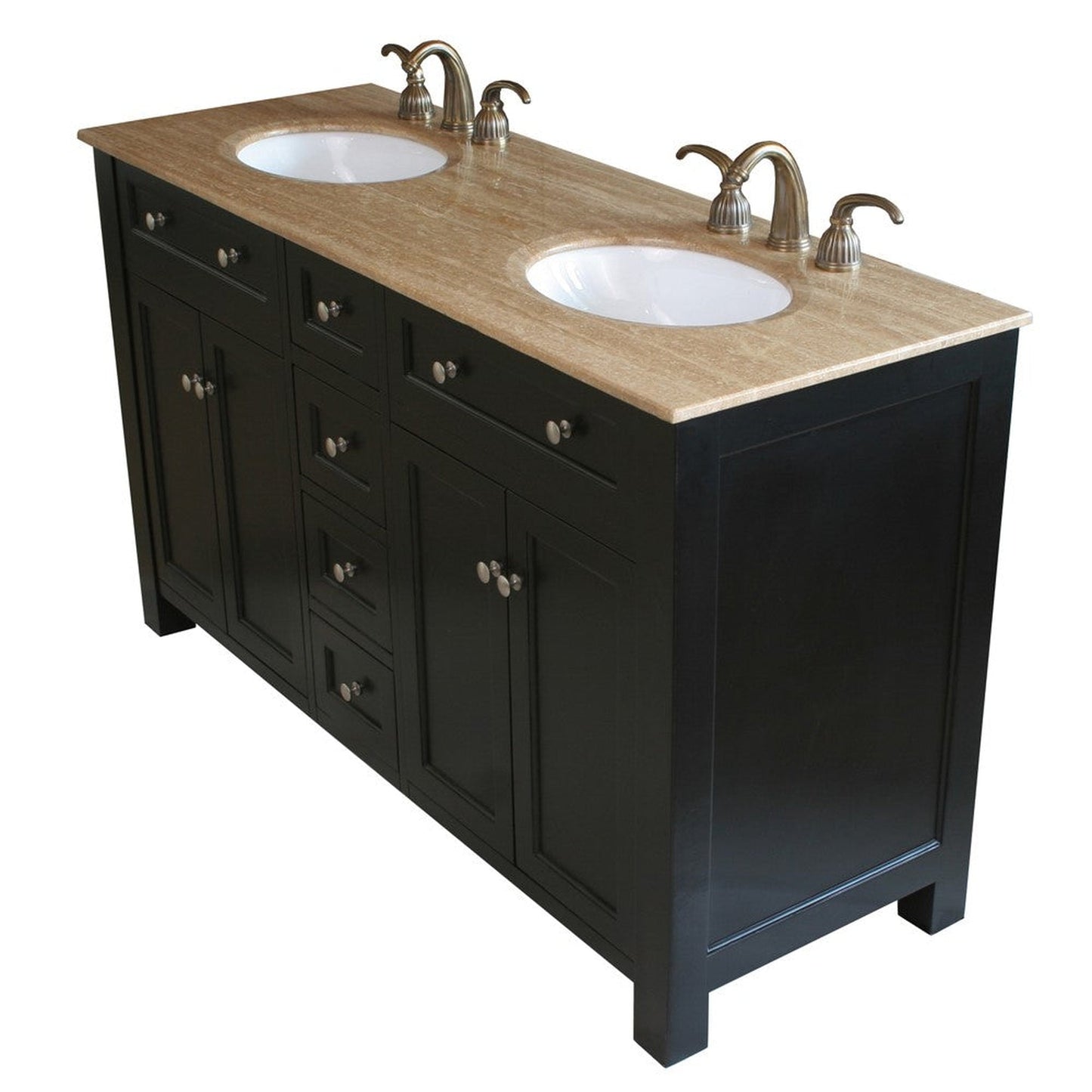 Bellaterra Home 62" 4-Door 4-Drawer Black Freestanding Vanity Set With White Ceramic Double Undermount Sink and Travertine Top