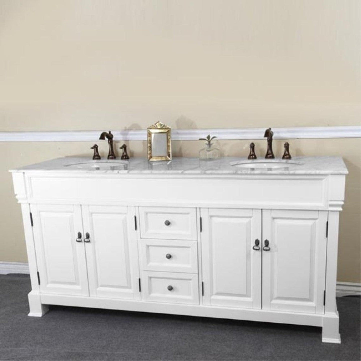 Bellaterra Home 72" 4-Door 3-Drawer White Freestanding Vanity Set With White Ceramic Double Undermount Sink and White Marble Top