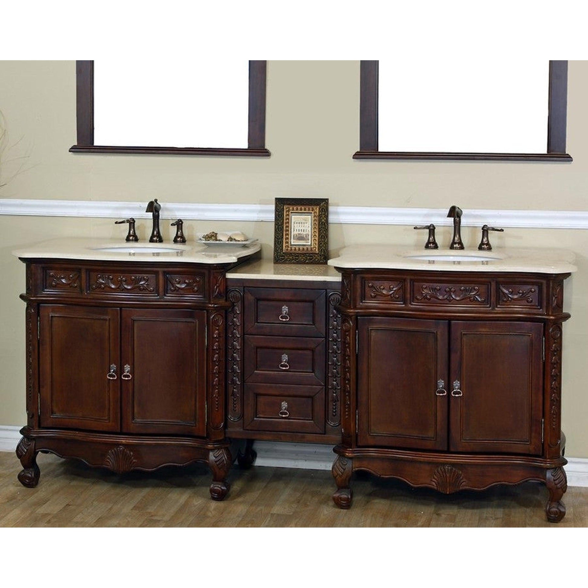 Bellaterra Home 83" 4-Door 3-Drawer Walnut Freestanding Vanity Set With White Ceramic Double Undermount Sink and Cream Marble Top