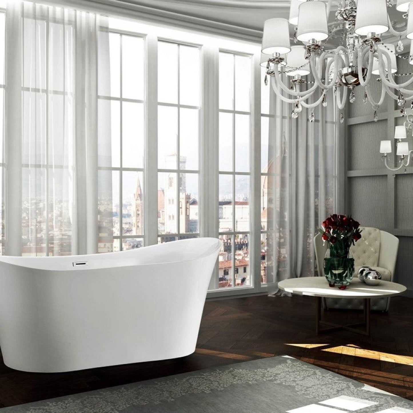 Bellaterra Home Bergamo 67" x 30" Glossy White Oval Acrylic Freestanding Double Slipper Soaking Bathtub