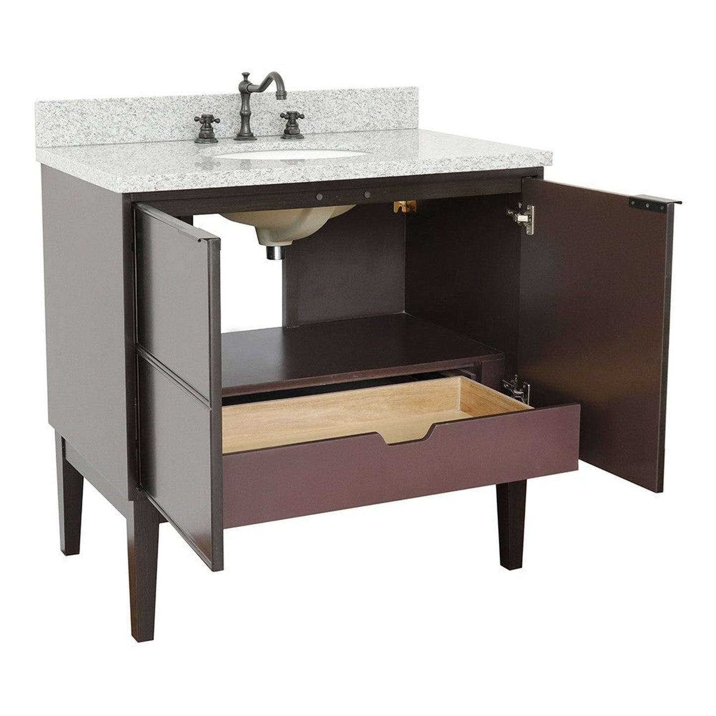 Bellaterra Home Cafe 37" 2-Door 1-Drawer Cappuccino Freestanding Vanity Set With Ceramic Undermount Oval Sink and Gray Granite Top