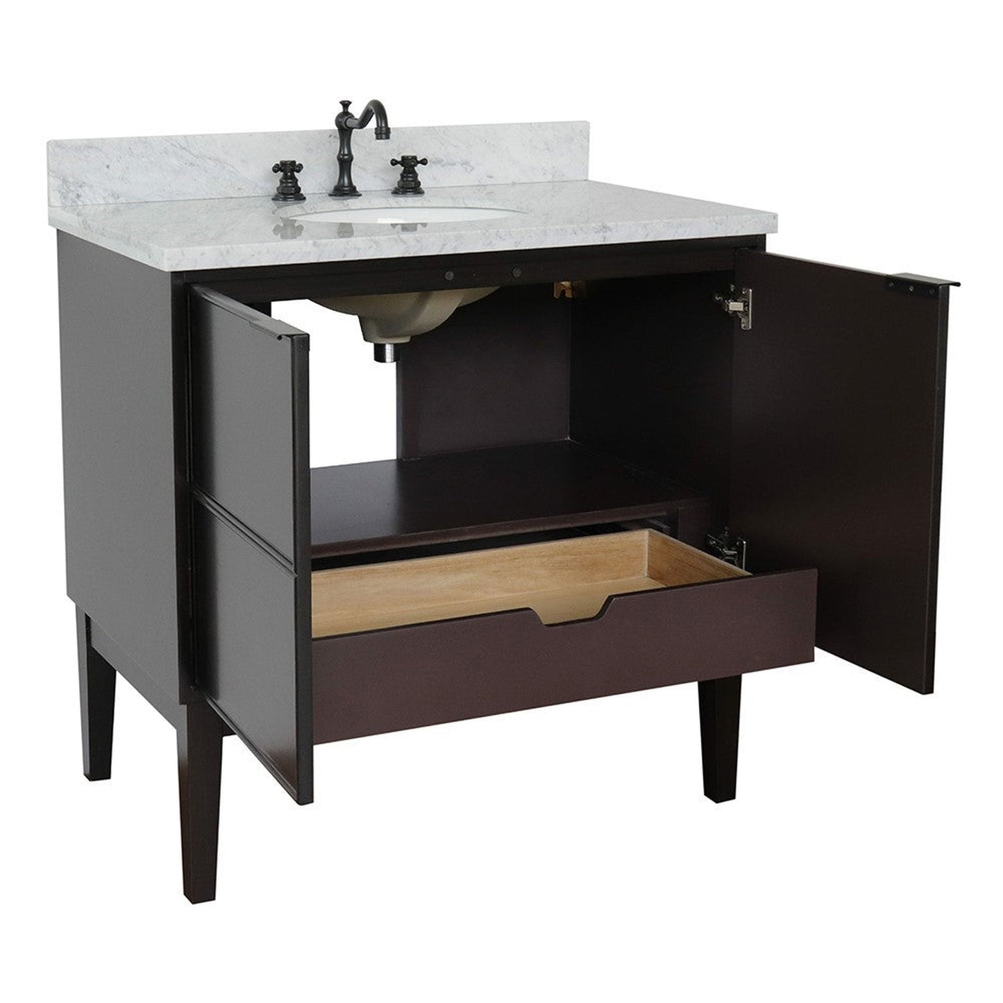 Bellaterra Home Cafe 37" 2-Door 1-Drawer Cappuccino Freestanding Vanity Set With Ceramic Undermount Oval Sink and White Carrara Marble Top
