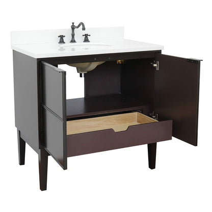 Bellaterra Home Cafe 37" 2-Door 1-Drawer Cappuccino Freestanding Vanity Set With Ceramic Undermount Oval Sink and White Quartz Top