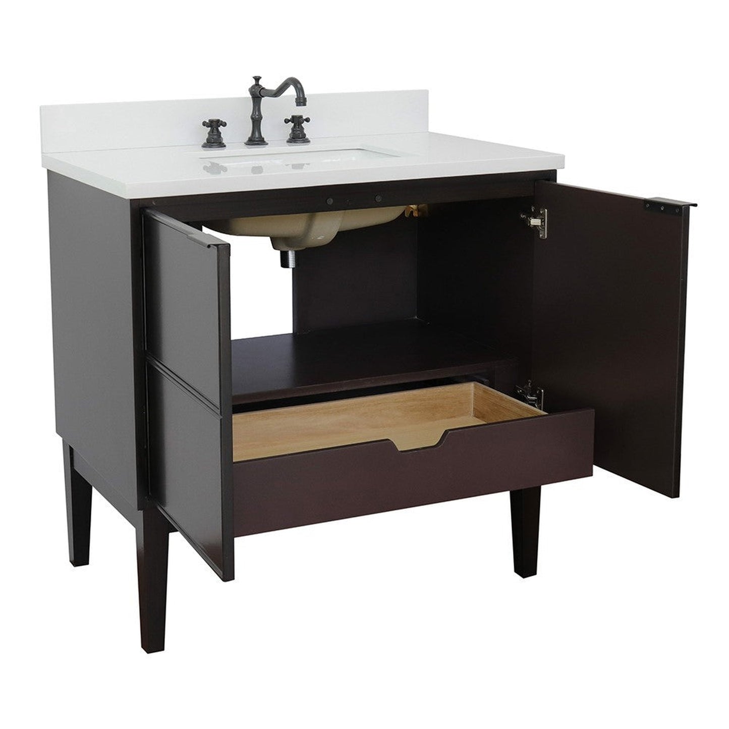 Bellaterra Home Cafe 37" 2-Door 1-Drawer Cappuccino Freestanding Vanity Set With Ceramic Undermount Rectangular Sink and White Quartz Top