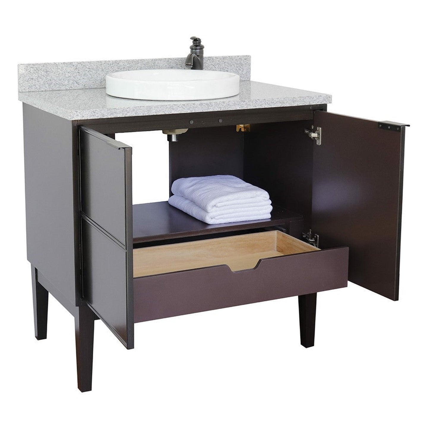 Bellaterra Home Cafe 37" 2-Door 1-Drawer Cappuccino Freestanding Vanity Set With Ceramic Vessel Sink and Gray Granite Top