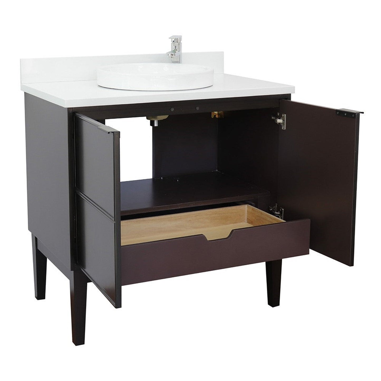 Bellaterra Home Cafe 37" 2-Door 1-Drawer Cappuccino Freestanding Vanity Set With Ceramic Vessel Sink and White Quartz Top