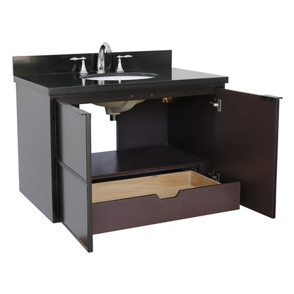 Bellaterra Home Cafe 37" 2-Door 1-Drawer Cappuccino Wall-Mount Vanity Set With Ceramic Undermount Oval Sink and Black Galaxy Top