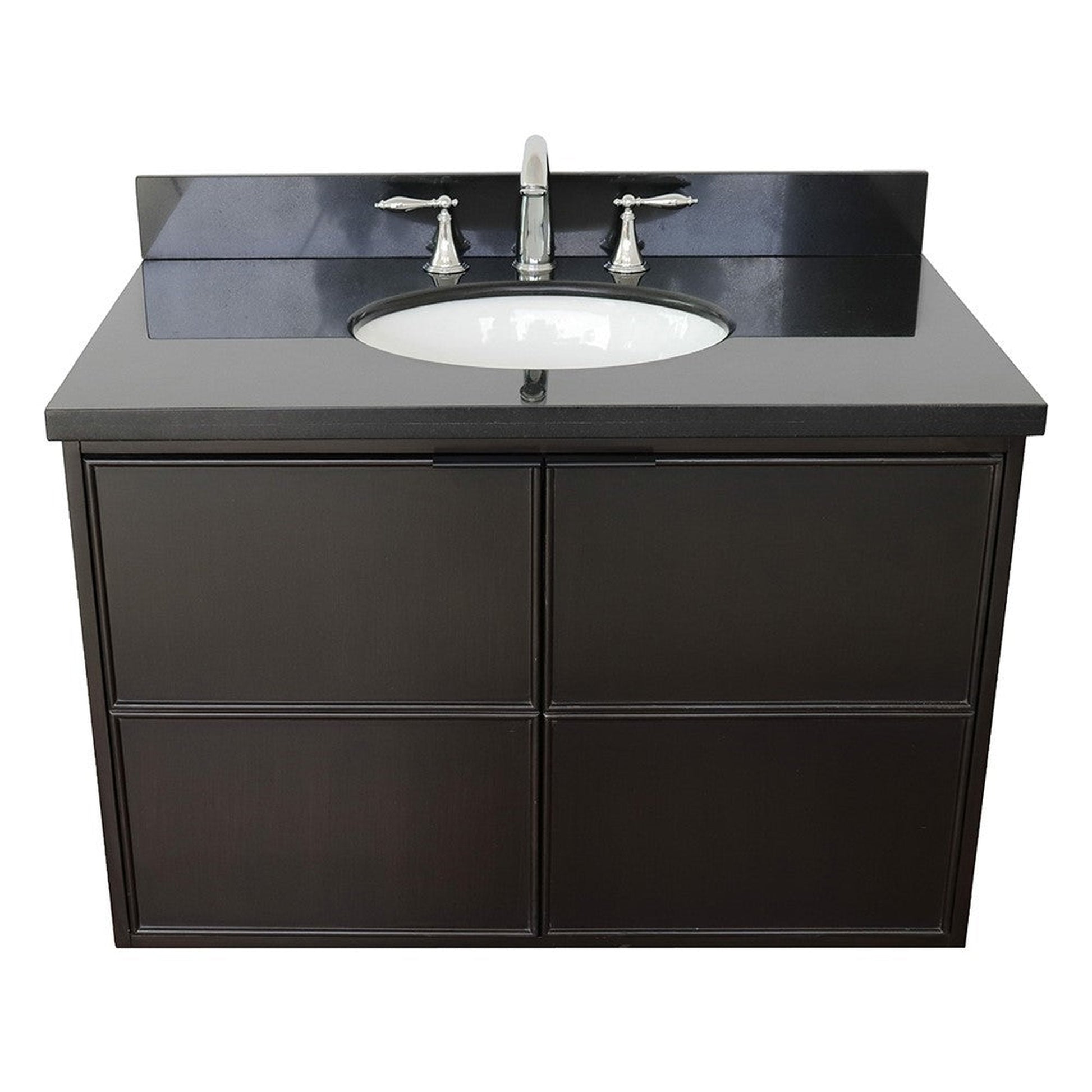 Bellaterra Home Cafe 37" 2-Door 1-Drawer Cappuccino Wall-Mount Vanity Set With Ceramic Undermount Oval Sink and Black Galaxy Top