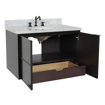 Bellaterra Home Cafe 37" 2-Door 1-Drawer Cappuccino Wall-Mount Vanity Set With Ceramic Undermount Oval Sink and White Carrara Marble Top