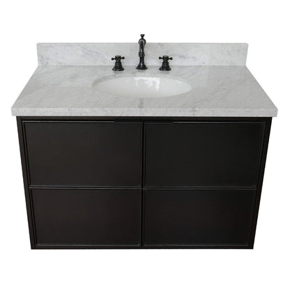 Bellaterra Home Cafe 37" 2-Door 1-Drawer Cappuccino Wall-Mount Vanity Set With Ceramic Undermount Oval Sink and White Carrara Marble Top