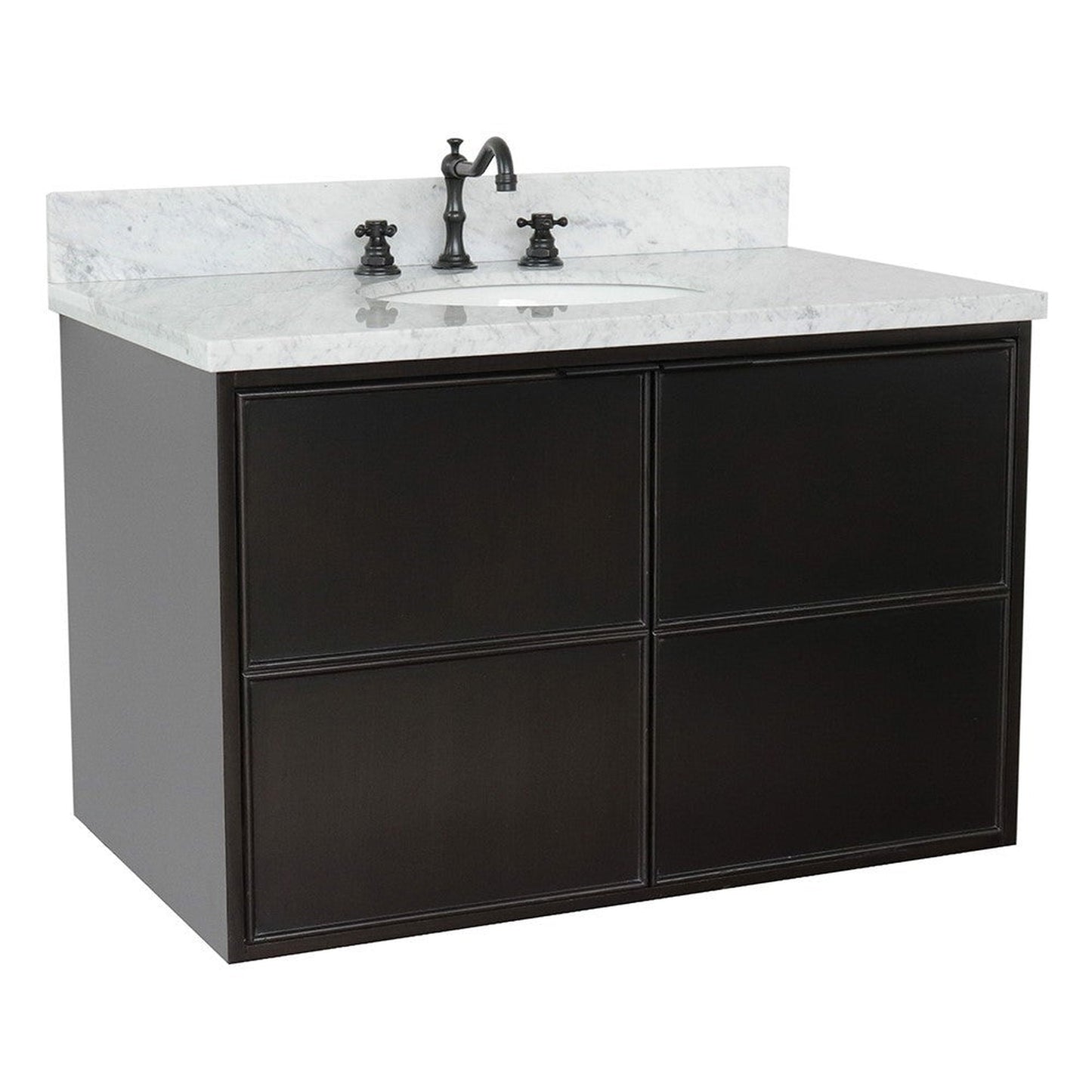 Bellaterra Home Cafe 37" 2-Door 1-Drawer Cappuccino Wall-Mount Vanity Set With Ceramic Undermount Oval Sink and White Carrara Marble Top