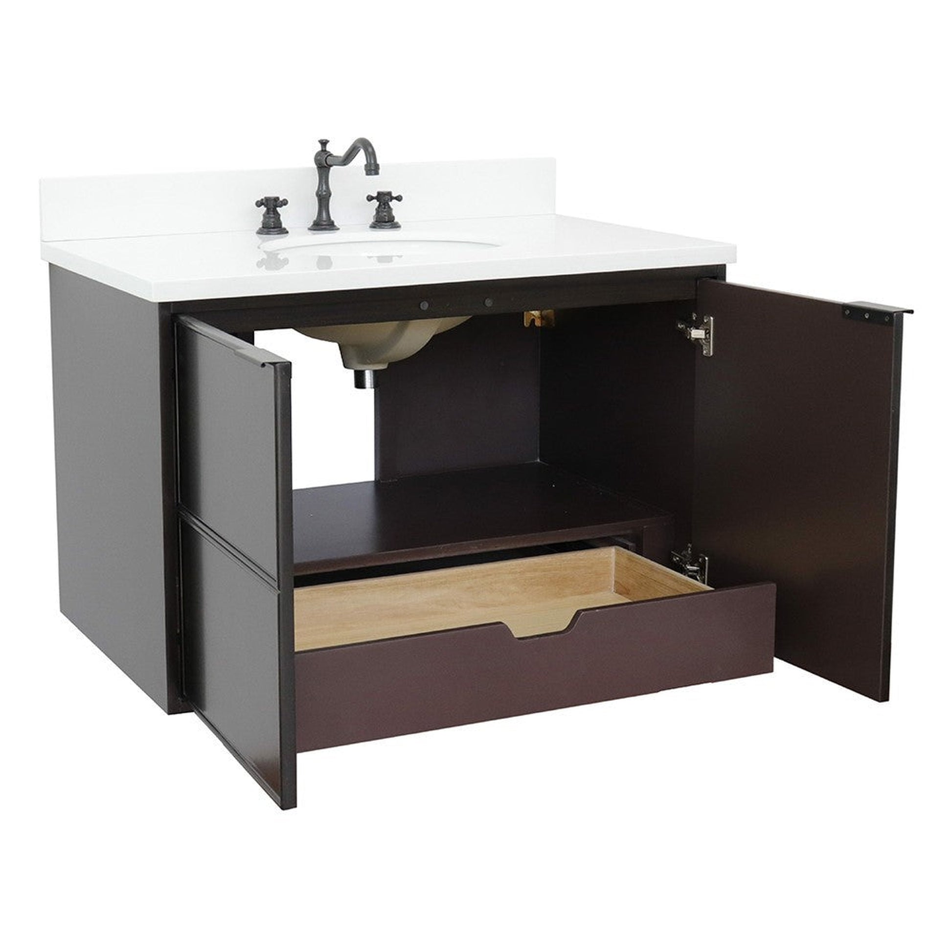 Bellaterra Home Cafe 37" 2-Door 1-Drawer Cappuccino Wall-Mount Vanity Set With Ceramic Undermount Oval Sink and White Quartz Top