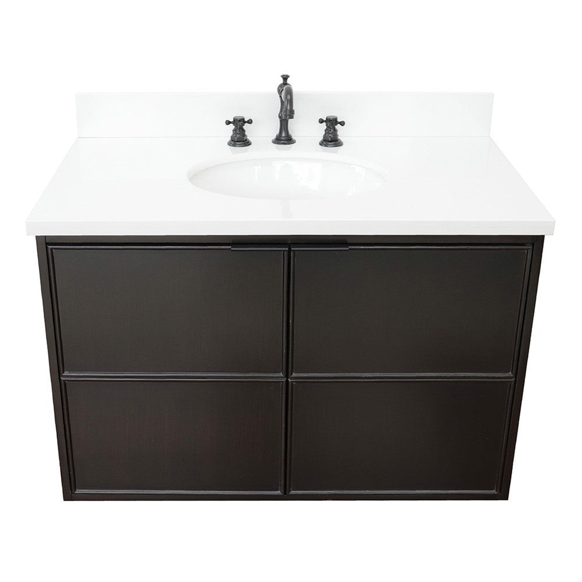 Bellaterra Home Cafe 37" 2-Door 1-Drawer Cappuccino Wall-Mount Vanity Set With Ceramic Undermount Oval Sink and White Quartz Top