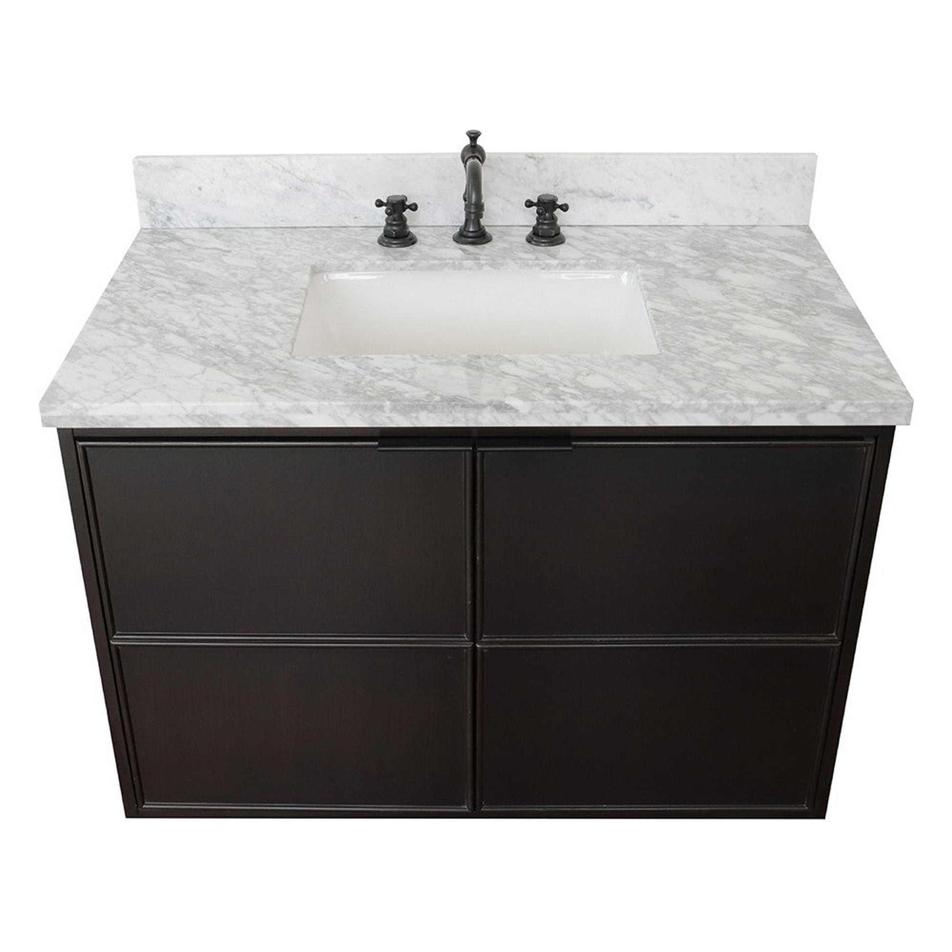 Bellaterra Home Cafe 37" 2-Door 1-Drawer Cappuccino Wall-Mount Vanity Set With Ceramic Undermount Rectangular Sink and White Carrara Marble Top