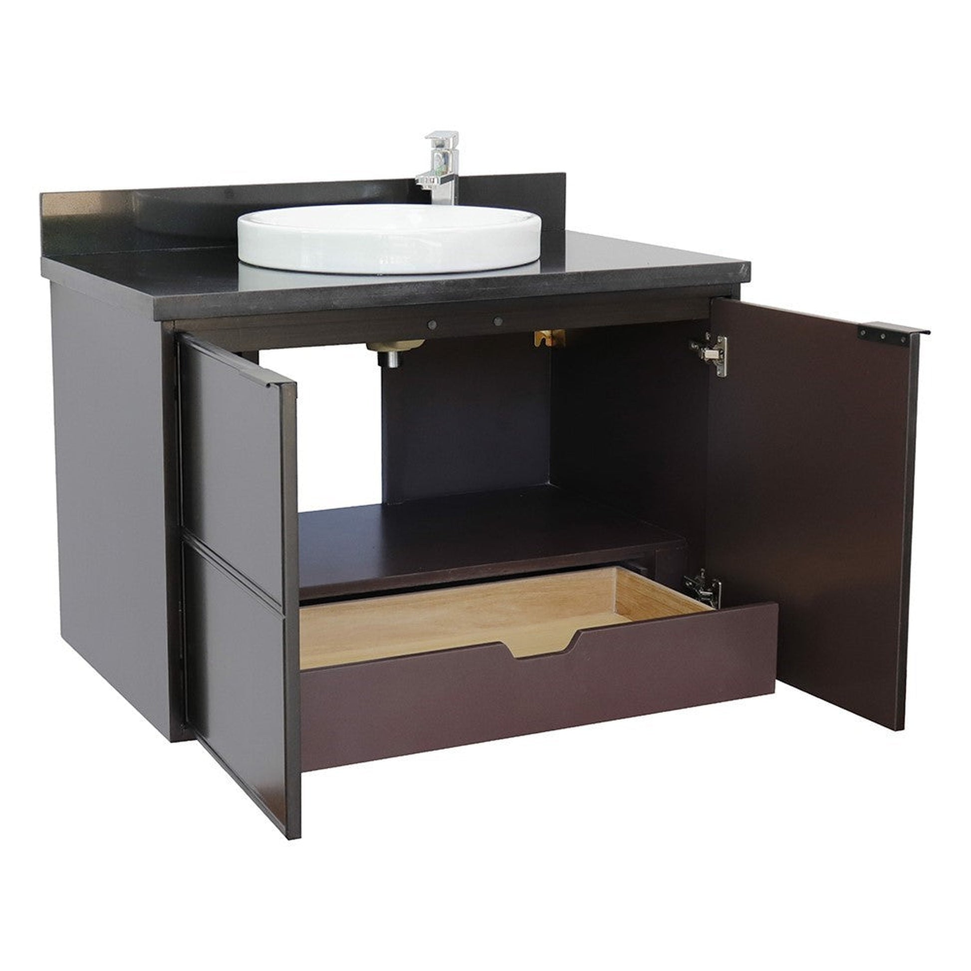 Bellaterra Home Cafe 37" 2-Door 1-Drawer Cappuccino Wall-Mount Vanity Set With Ceramic Vessel Sink and Black Galaxy Top