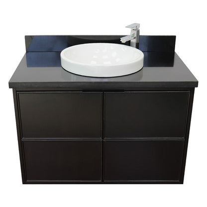 Bellaterra Home Cafe 37" 2-Door 1-Drawer Cappuccino Wall-Mount Vanity Set With Ceramic Vessel Sink and Black Galaxy Top