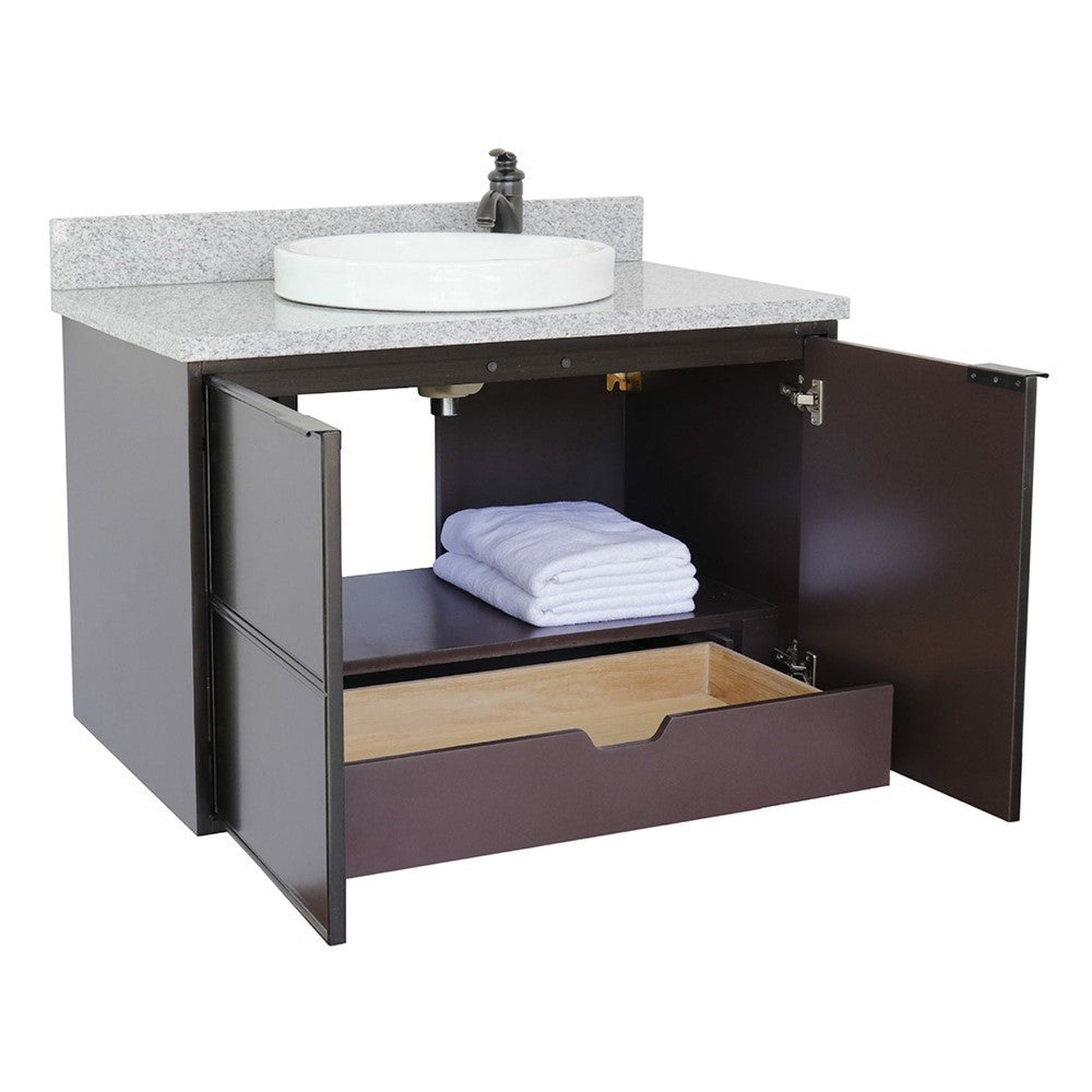 Bellaterra Home Cafe 37" 2-Door 1-Drawer Cappuccino Wall-Mount Vanity Set With Ceramic Vessel Sink and Gray Granite Top