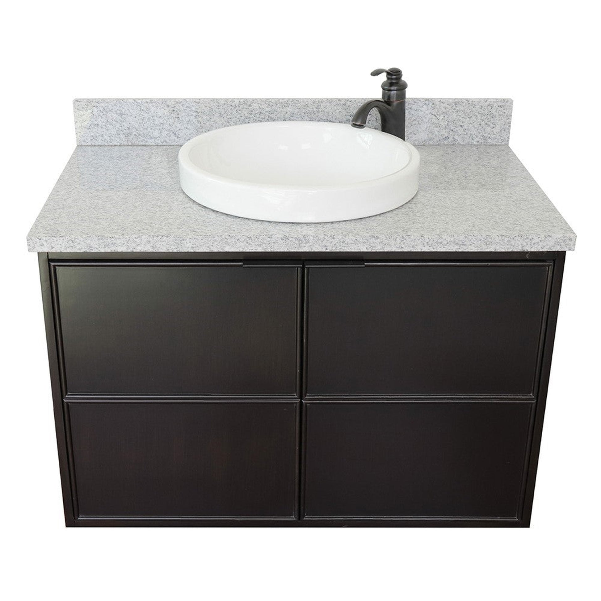 Bellaterra Home Cafe 37" 2-Door 1-Drawer Cappuccino Wall-Mount Vanity Set With Ceramic Vessel Sink and Gray Granite Top