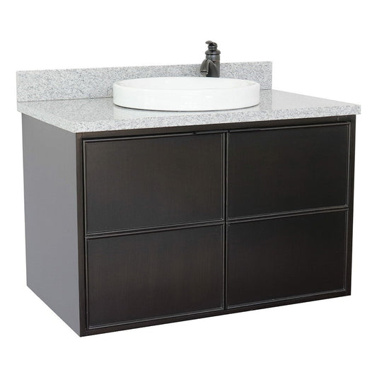 Bellaterra Home Cafe 37" 2-Door 1-Drawer Cappuccino Wall-Mount Vanity Set With Ceramic Vessel Sink and Gray Granite Top