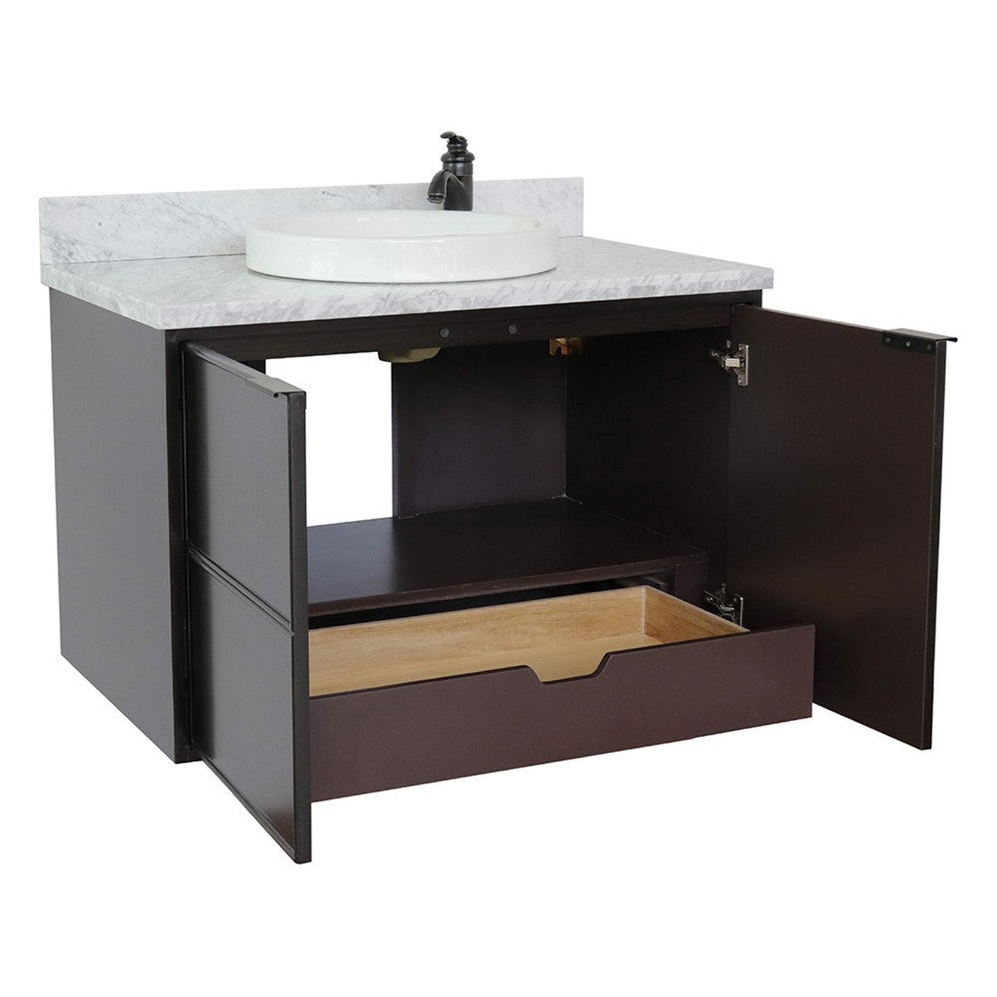 Bellaterra Home Cafe 37" 2-Door 1-Drawer Cappuccino Wall-Mount Vanity Set With Ceramic Vessel Sink and White Carrara Marble Top