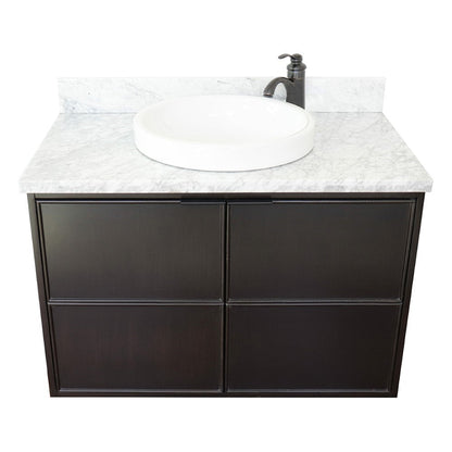Bellaterra Home Cafe 37" 2-Door 1-Drawer Cappuccino Wall-Mount Vanity Set With Ceramic Vessel Sink and White Carrara Marble Top