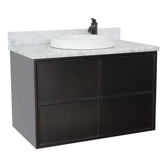 Bellaterra Home Cafe 37" 2-Door 1-Drawer Cappuccino Wall-Mount Vanity Set With Ceramic Vessel Sink and White Carrara Marble Top