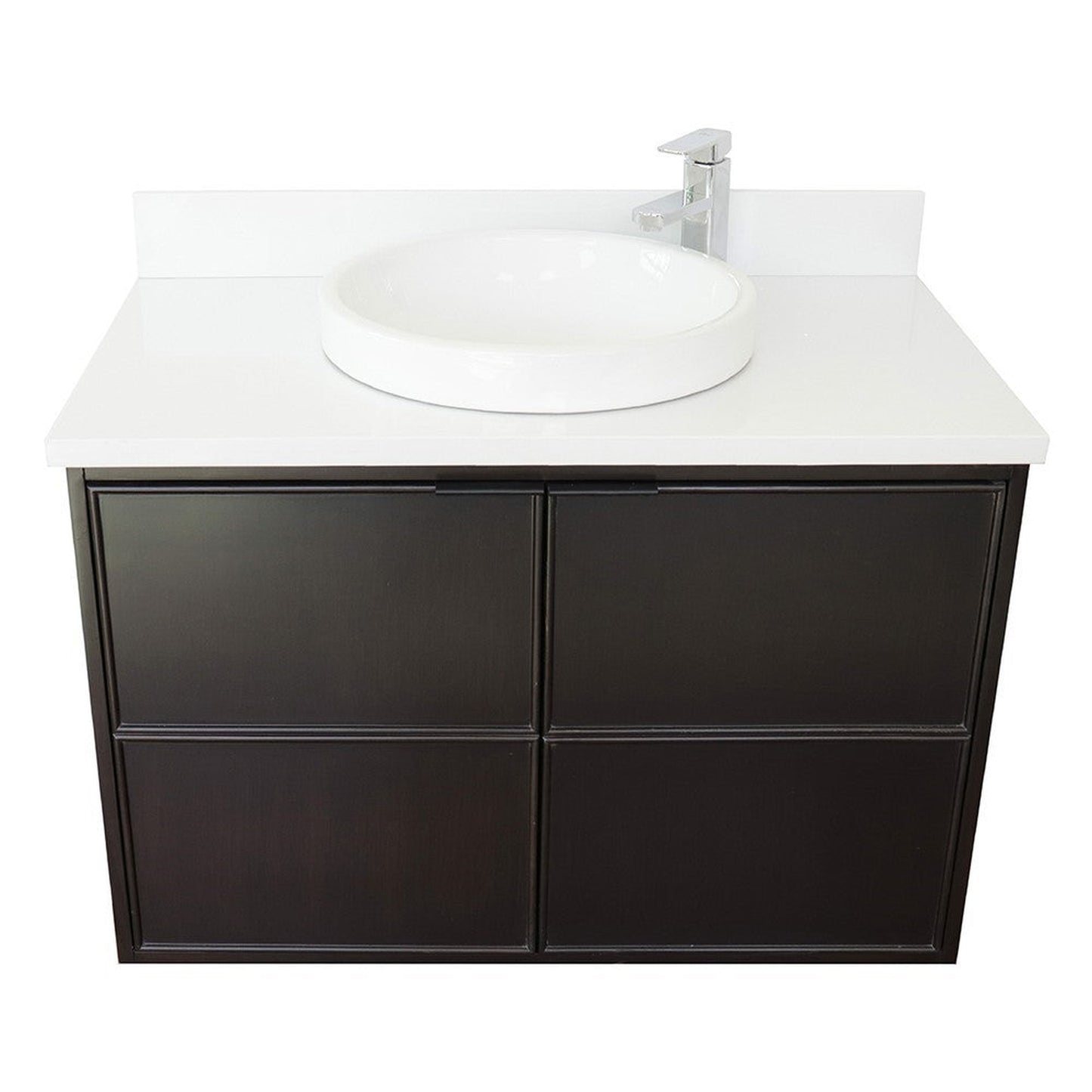 Bellaterra Home Cafe 37" 2-Door 1-Drawer Cappuccino Wall-Mount Vanity Set With Ceramic Vessel Sink and White Quartz Top