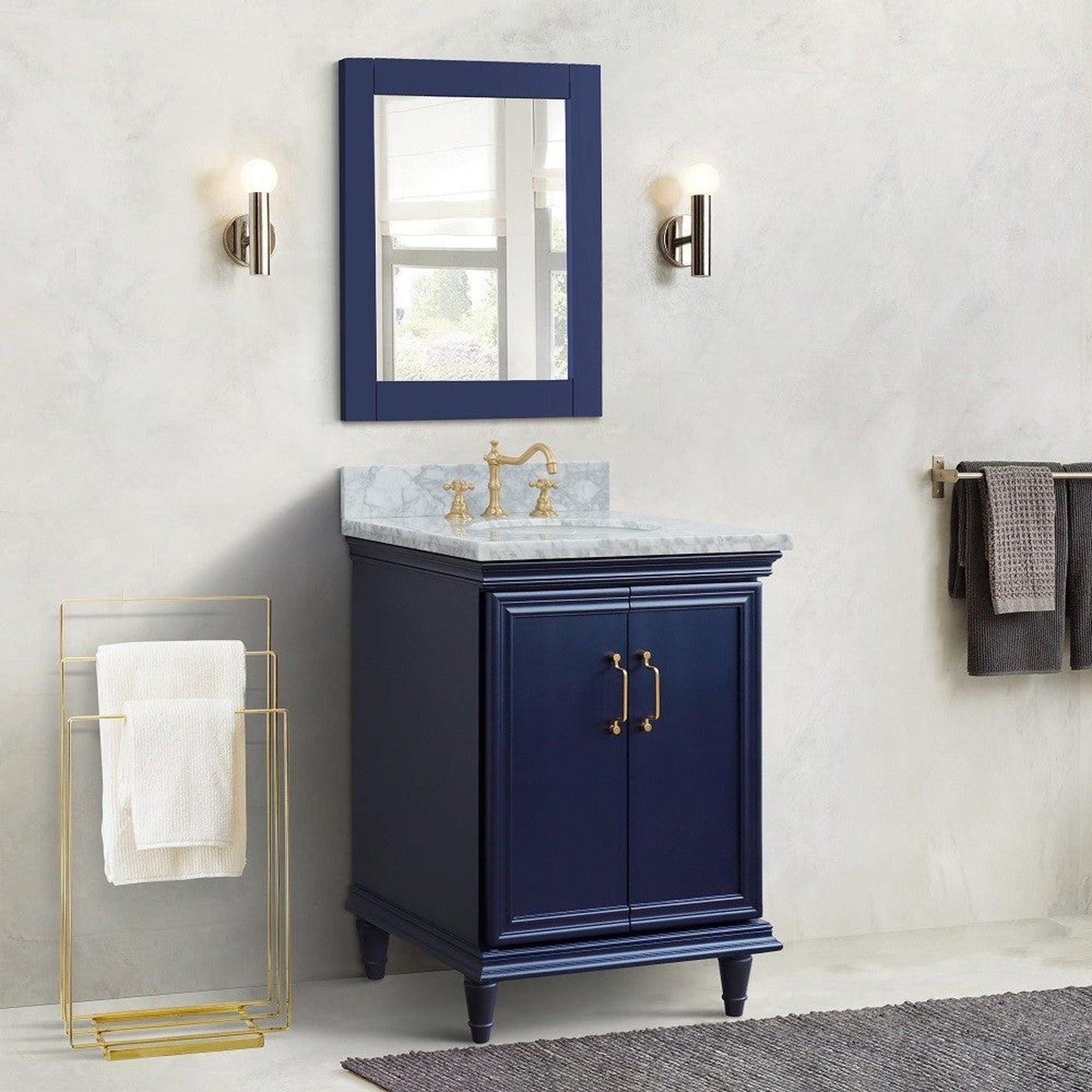 Bellaterra Home Forli 25" 2-Door 1-Drawer Blue Freestanding Vanity Set With Ceramic Undermount Oval Sink And White Carrara Marble Top