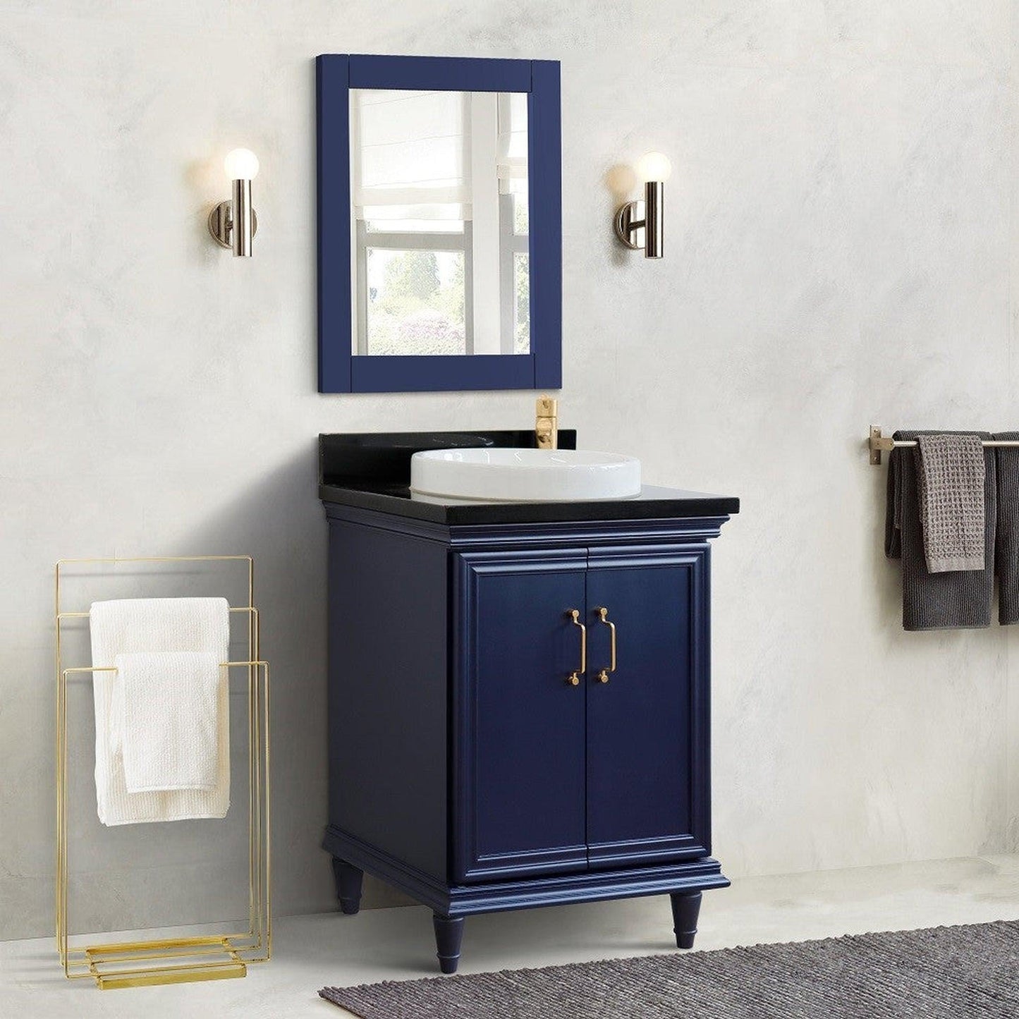 Bellaterra Home Forli 25" 2-Door 1-Drawer Blue Freestanding Vanity Set With Ceramic Vessel Sink And Black Galaxy Granite Top