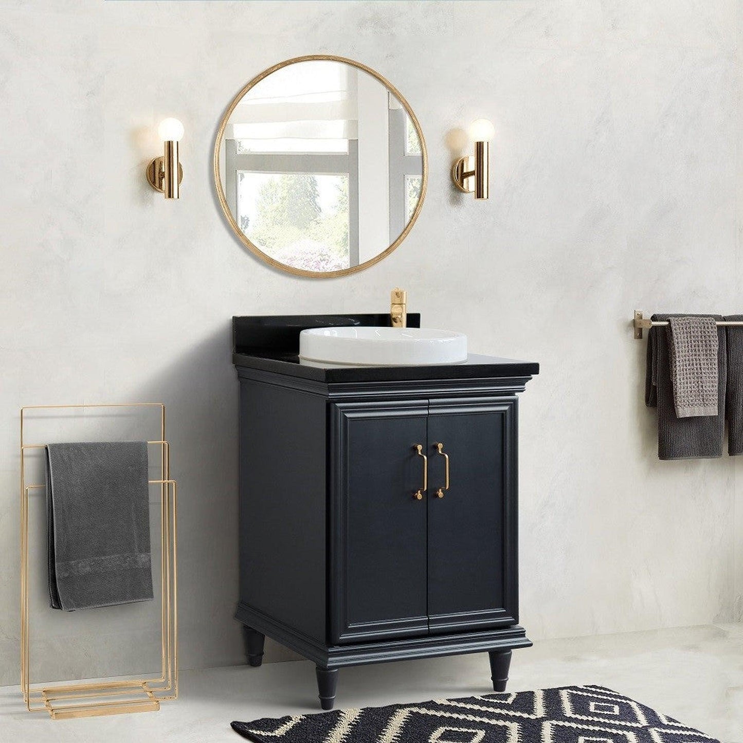 Bellaterra Home Forli 25" 2-Door 1-Drawer Dark Gray Freestanding Vanity Set With Ceramic Vessel Sink And Black Galaxy Granite Top