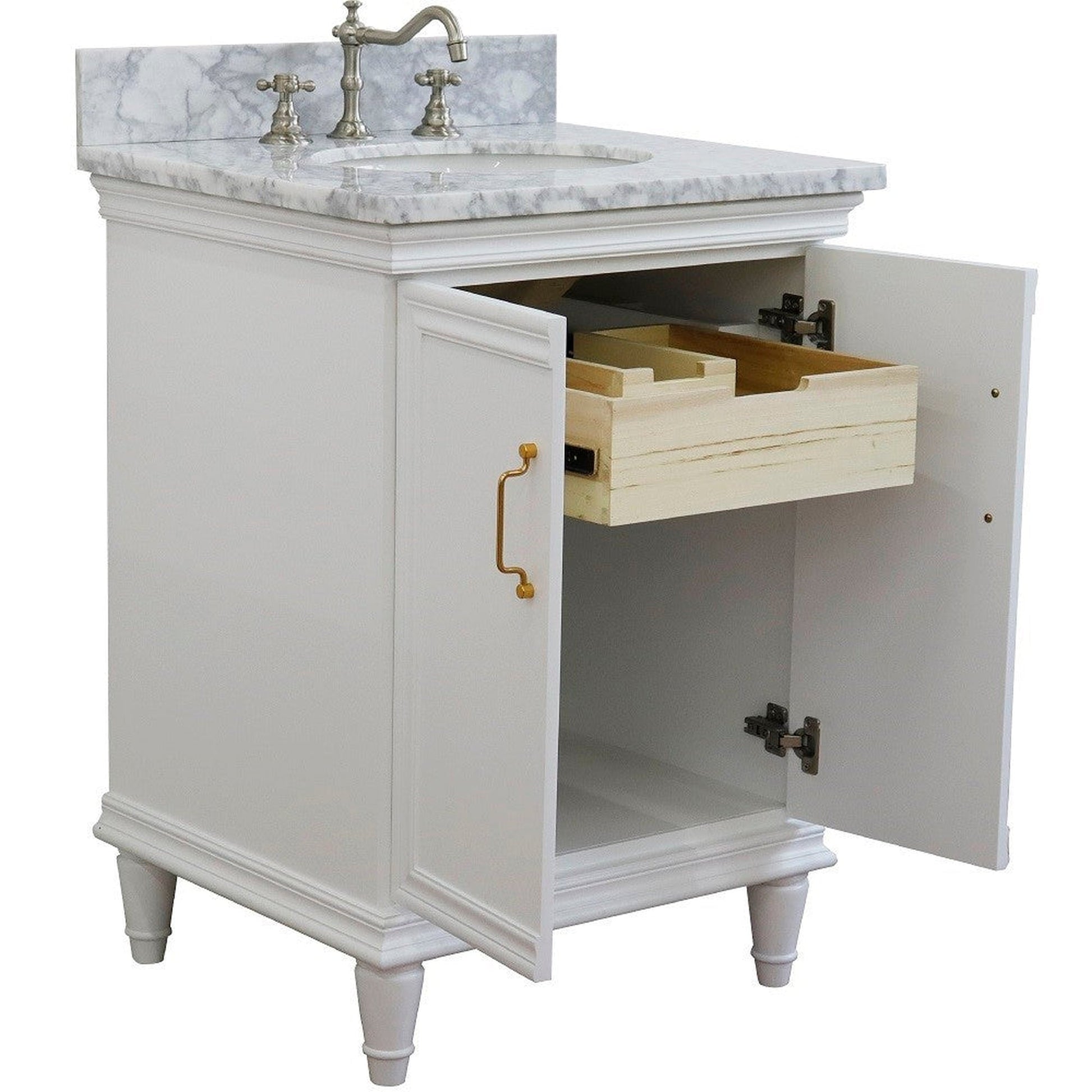 Bellaterra Home Forli 25" 2-Door 1-Drawer White Freestanding Vanity Set With Ceramic Undermount Oval Sink And White Carrara Marble Top