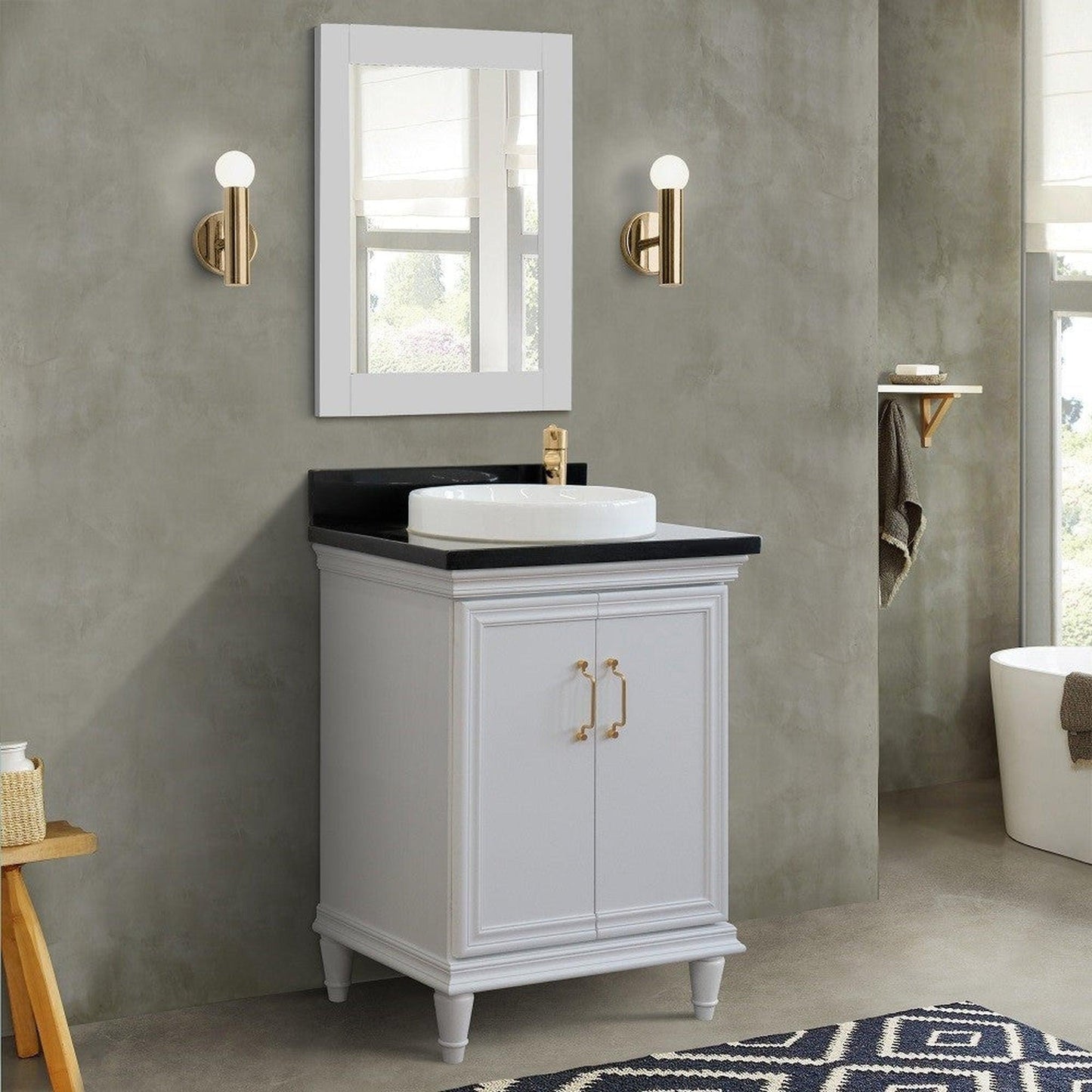 Bellaterra Home Forli 25" 2-Door 1-Drawer White Freestanding Vanity Set With Ceramic Vessel Sink And Black Galaxy Granite Top