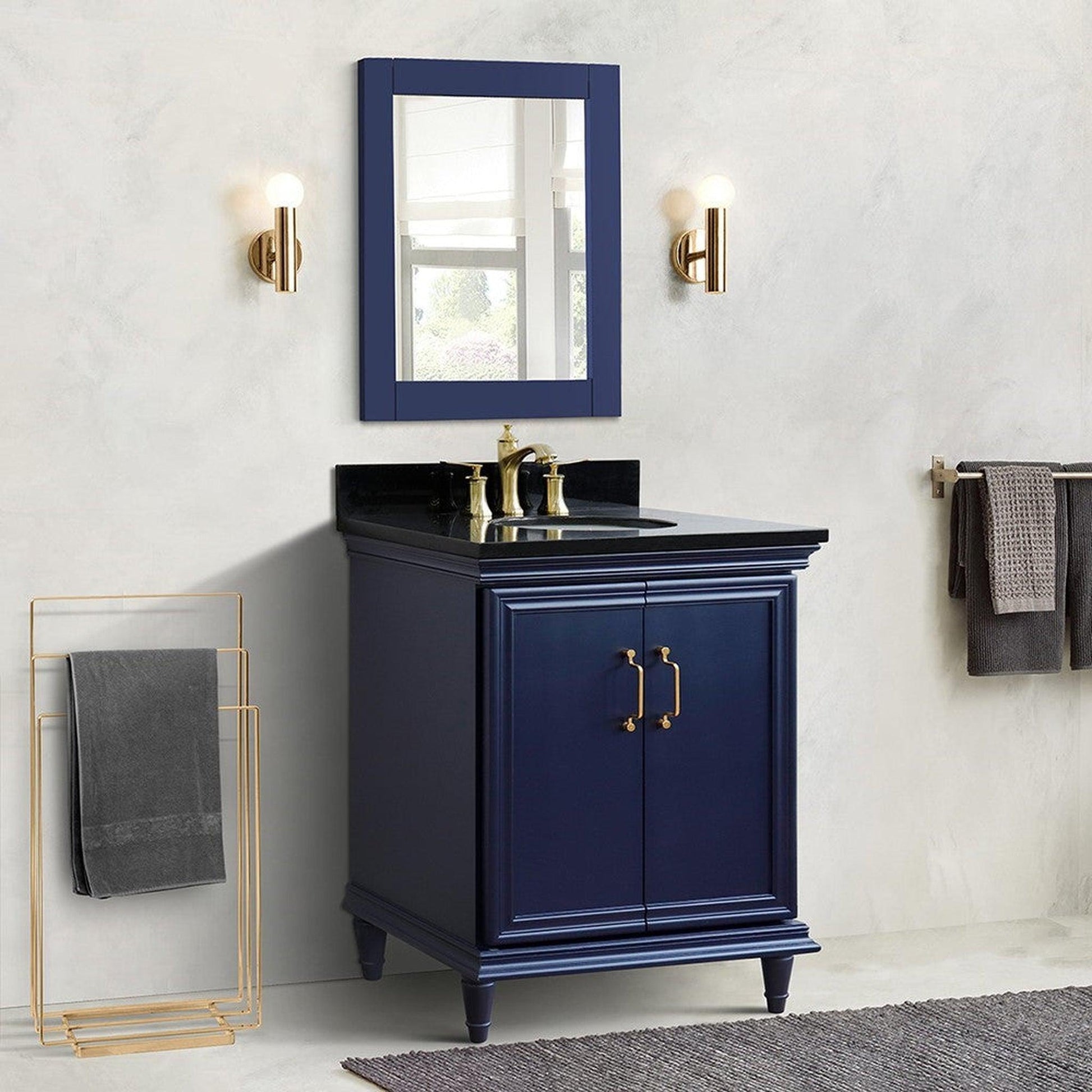 Bellaterra Home Forli 31" 2-Door 1-Drawer Blue Freestanding Vanity Set With Ceramic Undermount Oval Sink And Black Galaxy Granite Top