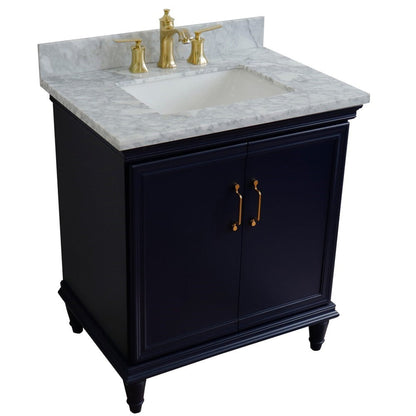 Bellaterra Home Forli 31" 2-Door 1-Drawer Blue Freestanding Vanity Set With Ceramic Undermount Rectangular Sink And White Carrara Marble Top