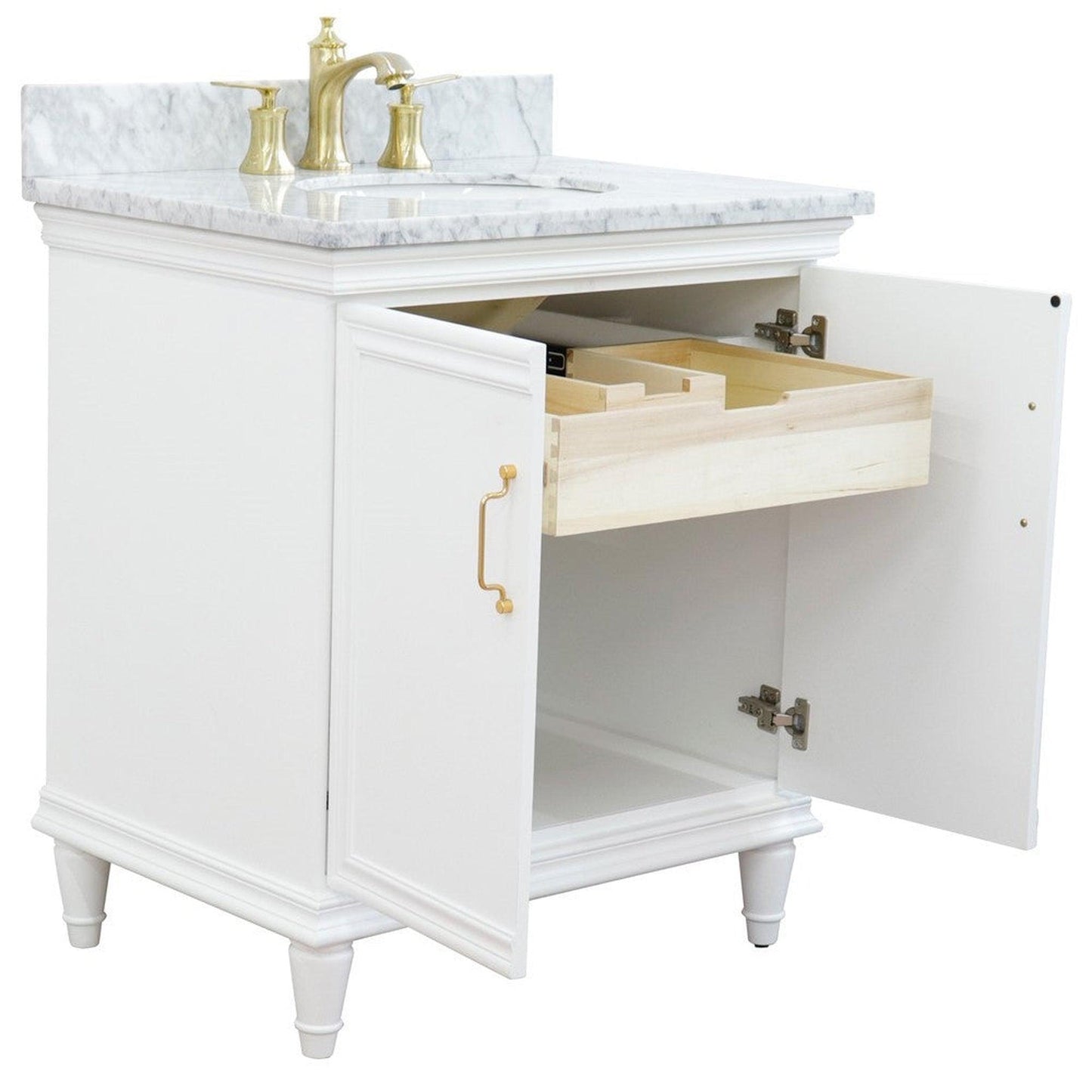 Bellaterra Home Forli 31" 2-Door 1-Drawer White Freestanding Vanity Set With Ceramic Undermount Oval Sink And White Carrara Marble Top