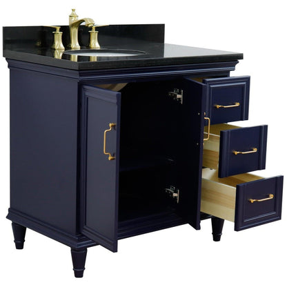 Bellaterra Home Forli 37" 2-Door 3-Drawer Blue Freestanding Vanity Set With Ceramic Left Offset Undermount Oval Sink and Black Galaxy Granite Top, and Left Door Cabinet