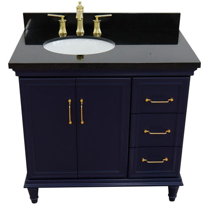 Bellaterra Home Forli 37" 2-Door 3-Drawer Blue Freestanding Vanity Set With Ceramic Left Offset Undermount Oval Sink and Black Galaxy Granite Top, and Left Door Cabinet