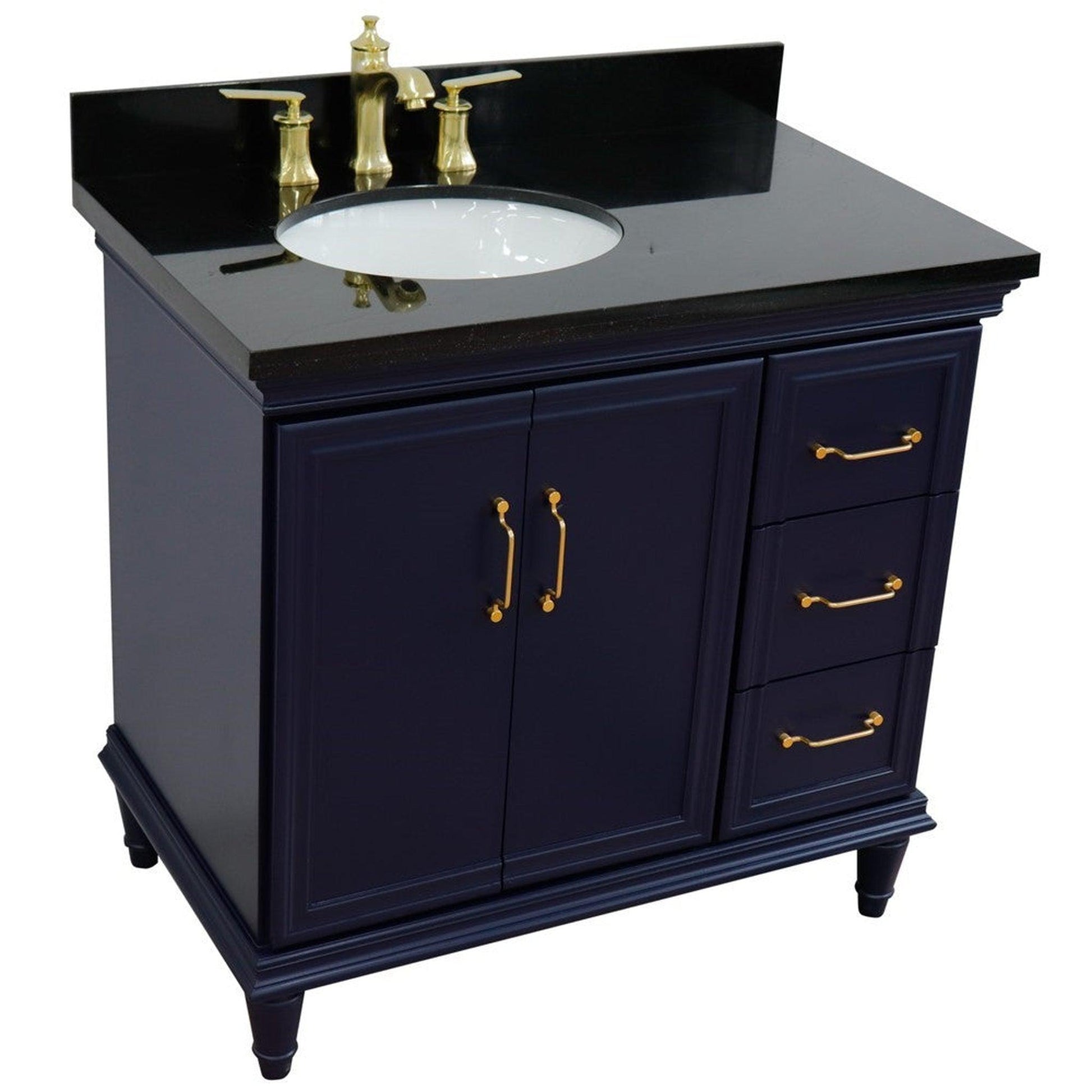 Bellaterra Home Forli 37" 2-Door 3-Drawer Blue Freestanding Vanity Set With Ceramic Left Offset Undermount Oval Sink and Black Galaxy Granite Top, and Left Door Cabinet