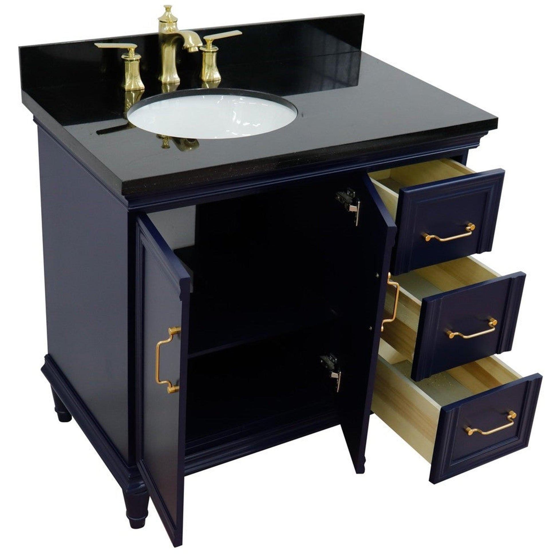 Bellaterra Home Forli 37" 2-Door 3-Drawer Blue Freestanding Vanity Set With Ceramic Left Offset Undermount Oval Sink and Black Galaxy Granite Top, and Left Door Cabinet