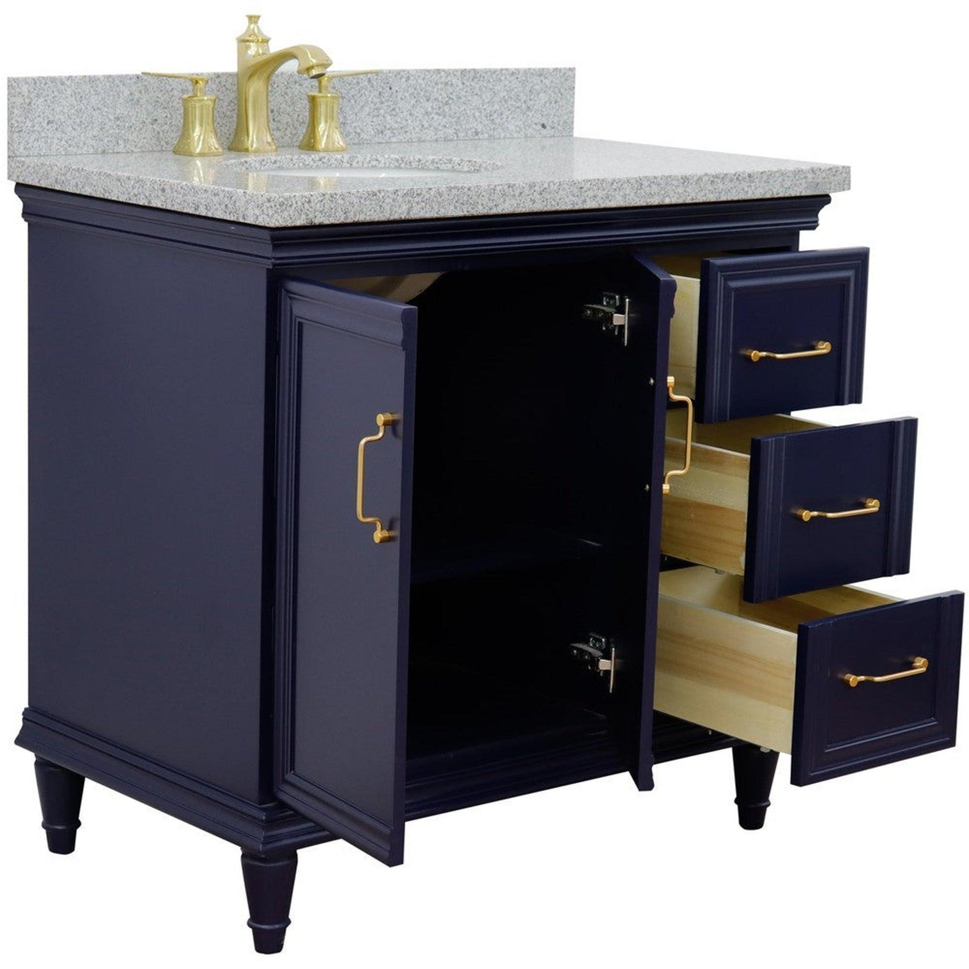 Bellaterra Home Forli 37" 2-Door 3-Drawer Blue Freestanding Vanity Set With Ceramic Left Offset Undermount Oval Sink and Gray Granite Top, and Left Door Cabinet