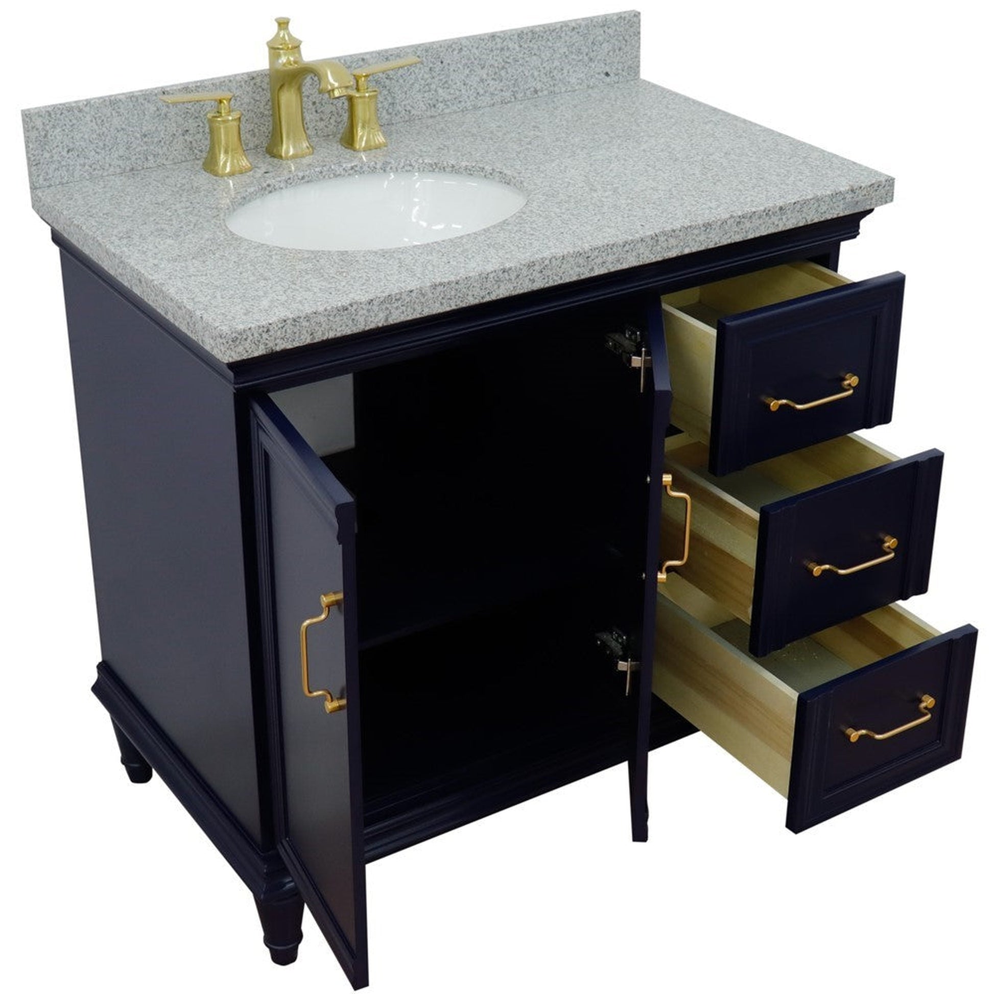 Bellaterra Home Forli 37" 2-Door 3-Drawer Blue Freestanding Vanity Set With Ceramic Left Offset Undermount Oval Sink and Gray Granite Top, and Left Door Cabinet