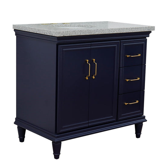 Bellaterra Home Forli 37" 2-Door 3-Drawer Blue Freestanding Vanity Set With Ceramic Left Offset Undermount Oval Sink and Gray Granite Top, and Left Door Cabinet