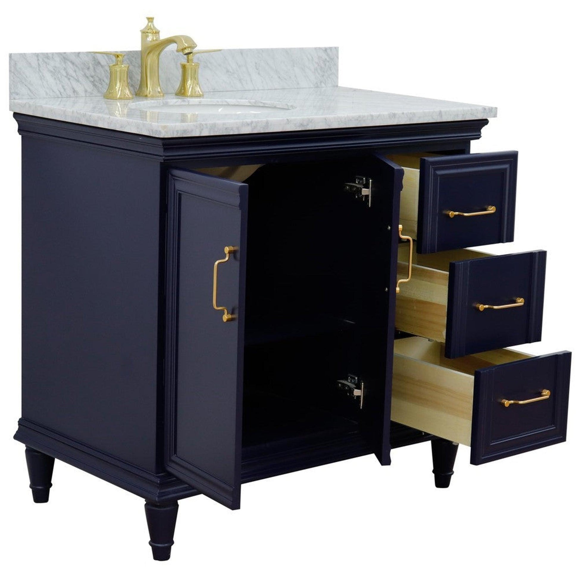 Bellaterra Home Forli 37" 2-Door 3-Drawer Blue Freestanding Vanity Set With Ceramic Left Offset Undermount Oval Sink and White Carrara Marble Top, and Left Door Cabinet