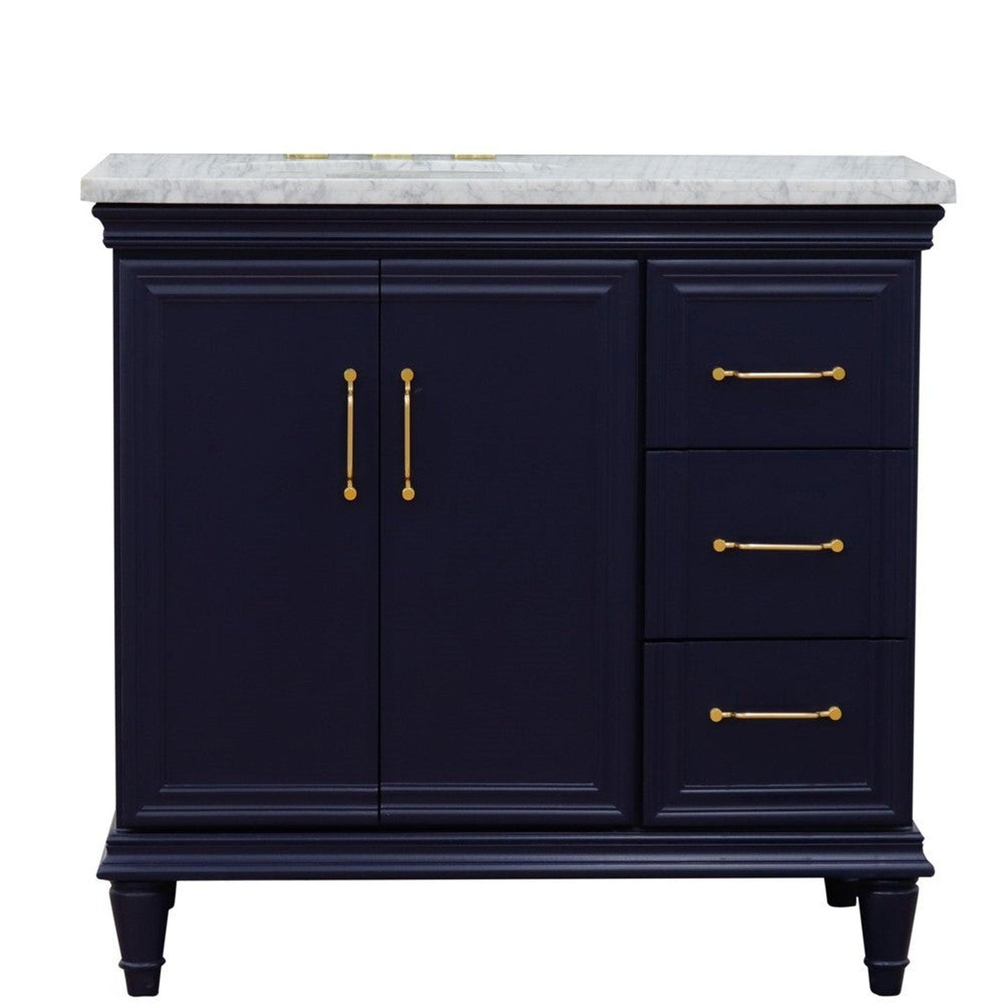 Bellaterra Home Forli 37" 2-Door 3-Drawer Blue Freestanding Vanity Set With Ceramic Left Offset Undermount Oval Sink and White Carrara Marble Top, and Left Door Cabinet