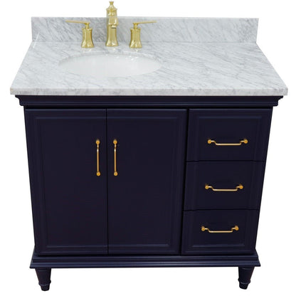 Bellaterra Home Forli 37" 2-Door 3-Drawer Blue Freestanding Vanity Set With Ceramic Left Offset Undermount Oval Sink and White Carrara Marble Top, and Left Door Cabinet