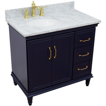 Bellaterra Home Forli 37" 2-Door 3-Drawer Blue Freestanding Vanity Set With Ceramic Left Offset Undermount Oval Sink and White Carrara Marble Top, and Left Door Cabinet