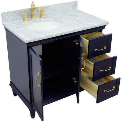 Bellaterra Home Forli 37" 2-Door 3-Drawer Blue Freestanding Vanity Set With Ceramic Left Offset Undermount Oval Sink and White Carrara Marble Top, and Left Door Cabinet