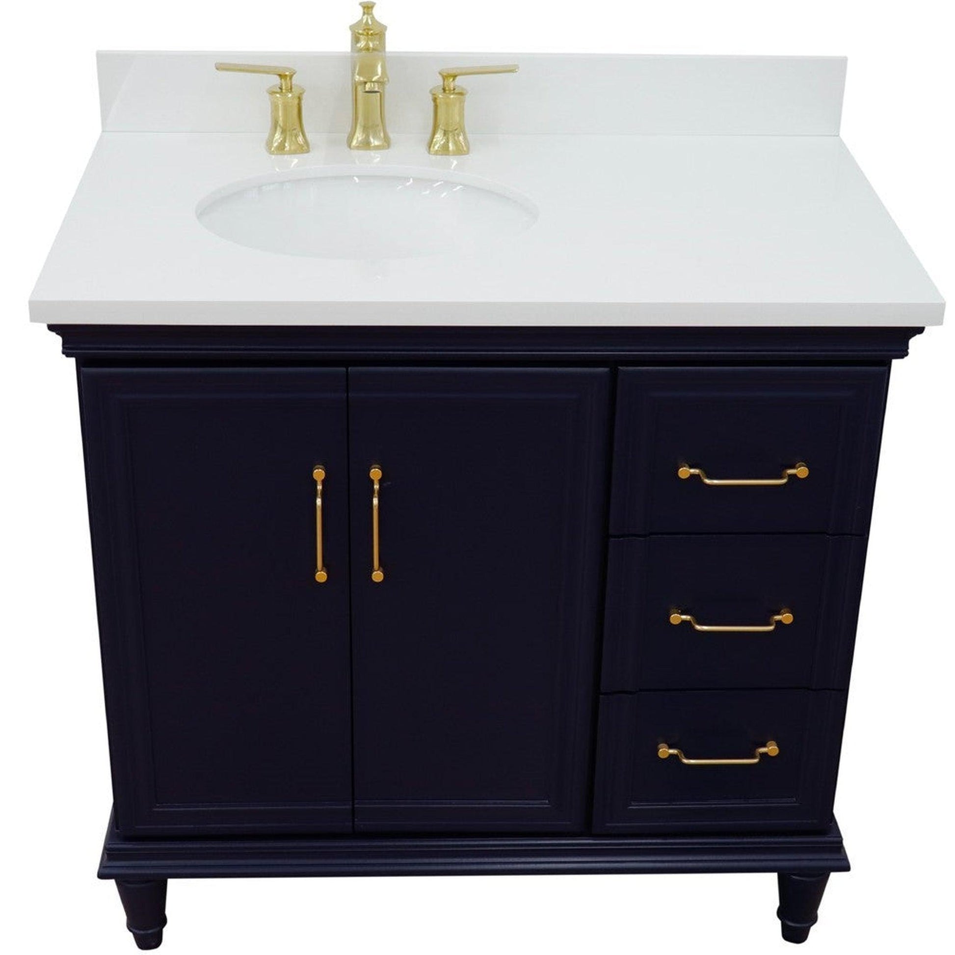 Bellaterra Home Forli 37" 2-Door 3-Drawer Blue Freestanding Vanity Set With Ceramic Left Offset Undermount Oval Sink and White Quartz Top, and Left Door Cabinet