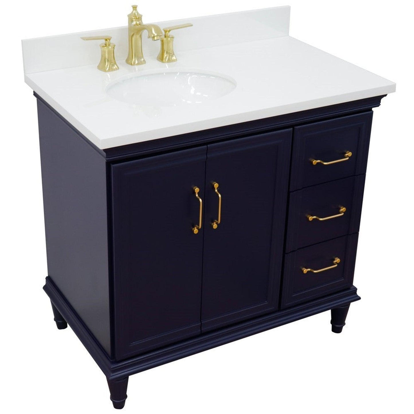 Bellaterra Home Forli 37" 2-Door 3-Drawer Blue Freestanding Vanity Set With Ceramic Left Offset Undermount Oval Sink and White Quartz Top, and Left Door Cabinet