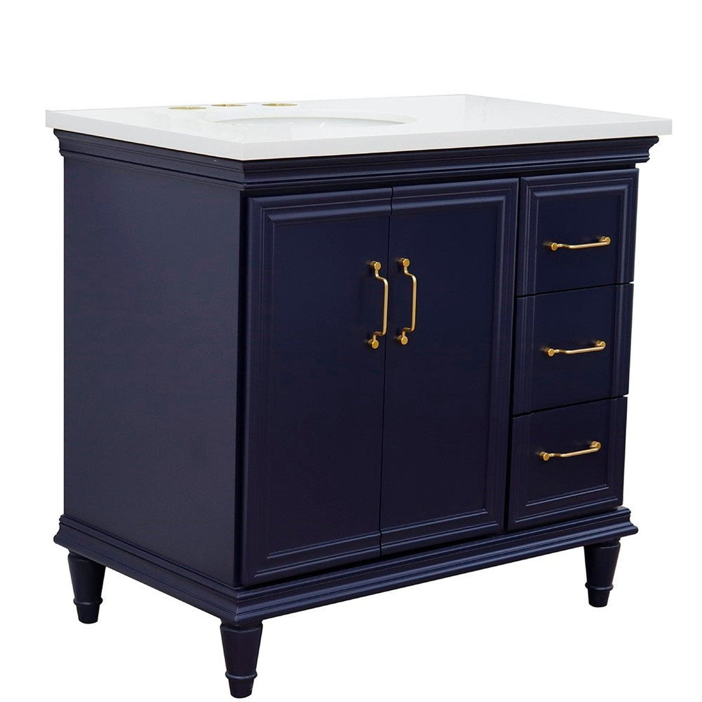 Bellaterra Home Forli 37" 2-Door 3-Drawer Blue Freestanding Vanity Set With Ceramic Left Offset Undermount Oval Sink and White Quartz Top, and Left Door Cabinet